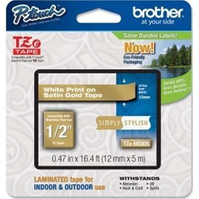 Brother TZeMQ835 12MM (0.47") White On Satin Gold Tape for P-Touch 5M (16.4 FT)